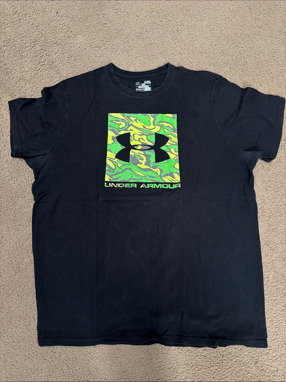 Under Armour Black Tee with Neon Green Camo Logo